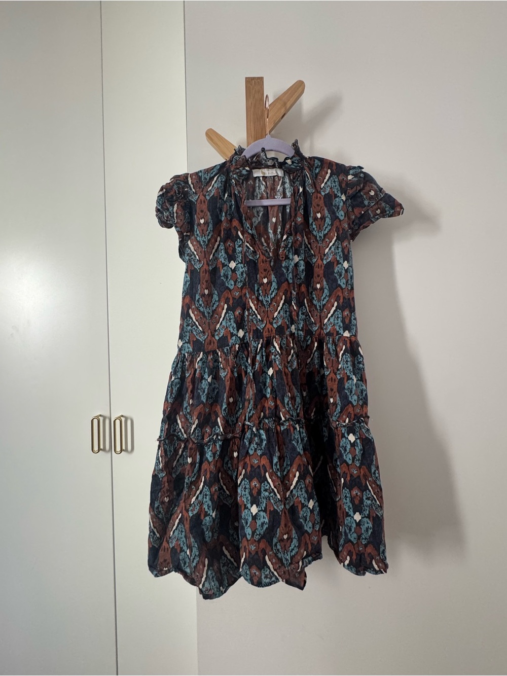 Tiered Mini Dress in Brown and Teal Geometric Print